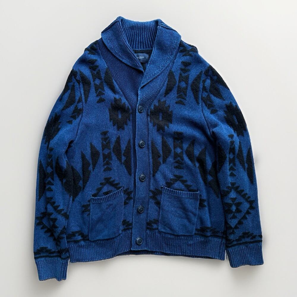 Lucky Brand Legend Aztec Cardigan Large Blue Black Cotton Blend Sweater New York